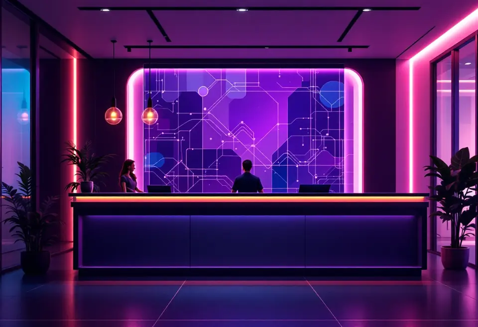 Recepção de um escritório moderno com iluminação em tons de roxo