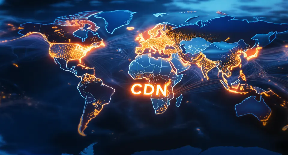 Rede de CDN global com mapa-múndi e pontos de distribuição