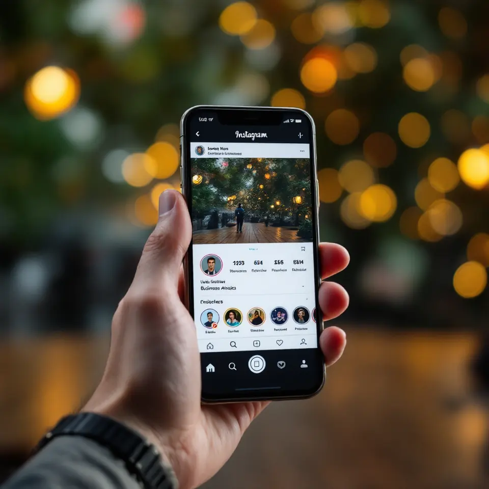 Mão segurando um celular com o perfil do Instagram