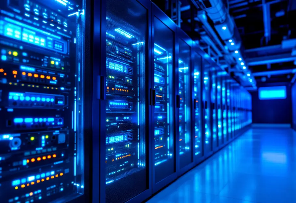 Data center com racks de servidores e iluminação LED azul