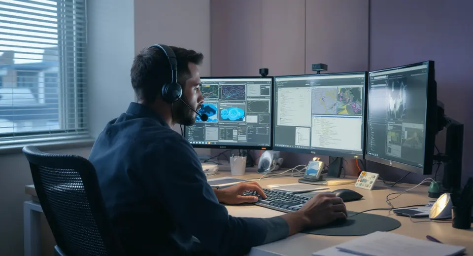 Especialista de TI com headset prestando suporte remoto