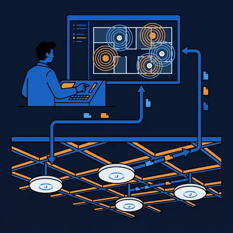 Ilustração de gestão de rede Wi-Fi com pontos de acesso e painel
